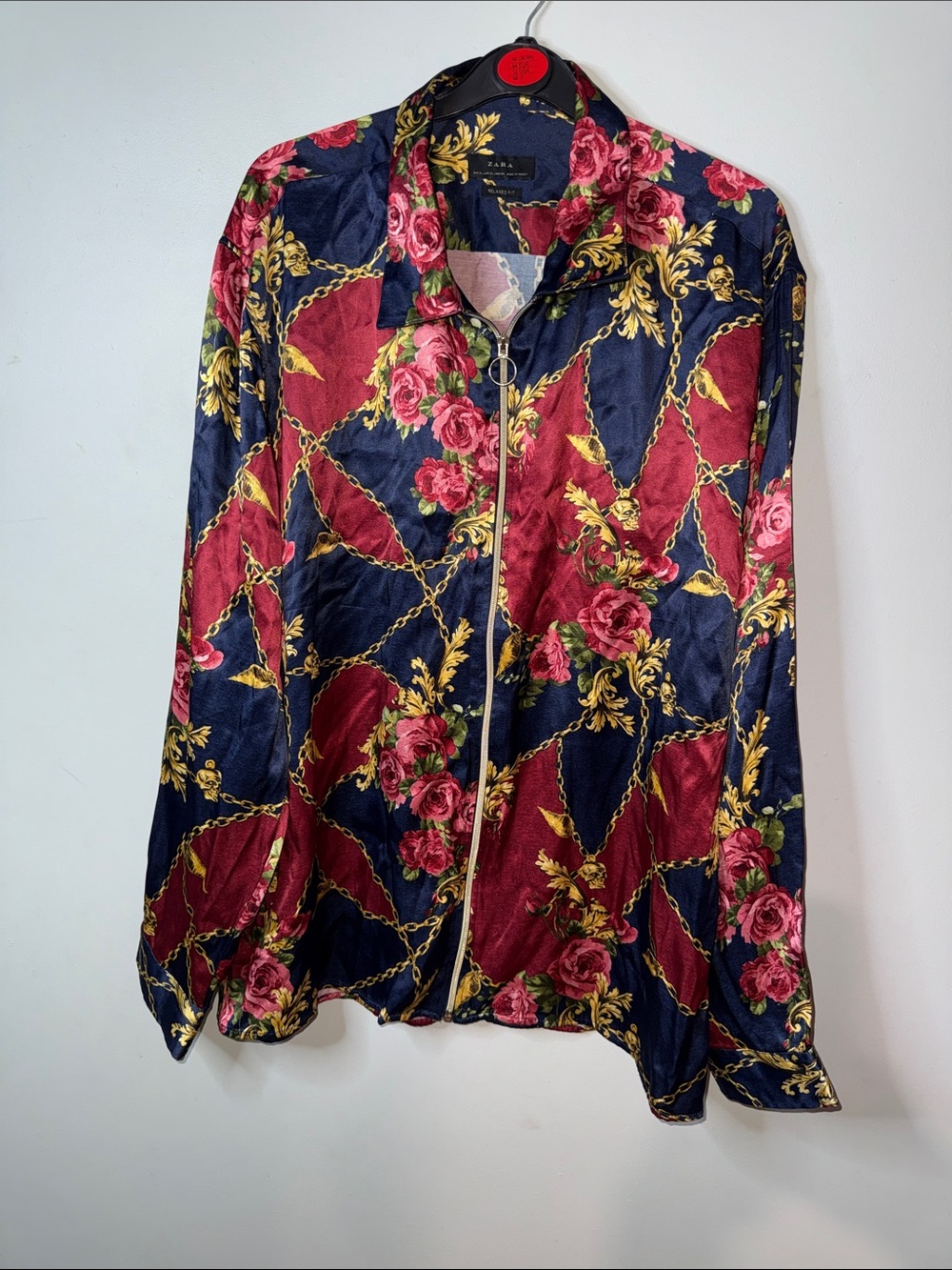 Zara Navy Floral & Chain Satin Jacket with Burgundy Roses and Gold Accents